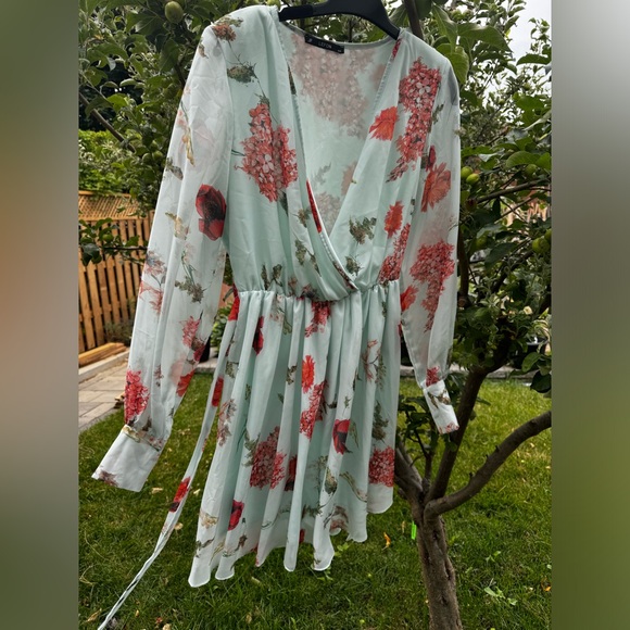 JF LEFON Mint Green Floral Long Sleeve Faux Wrap Belted Mini Dress, Sz L - Picture 15 of 16